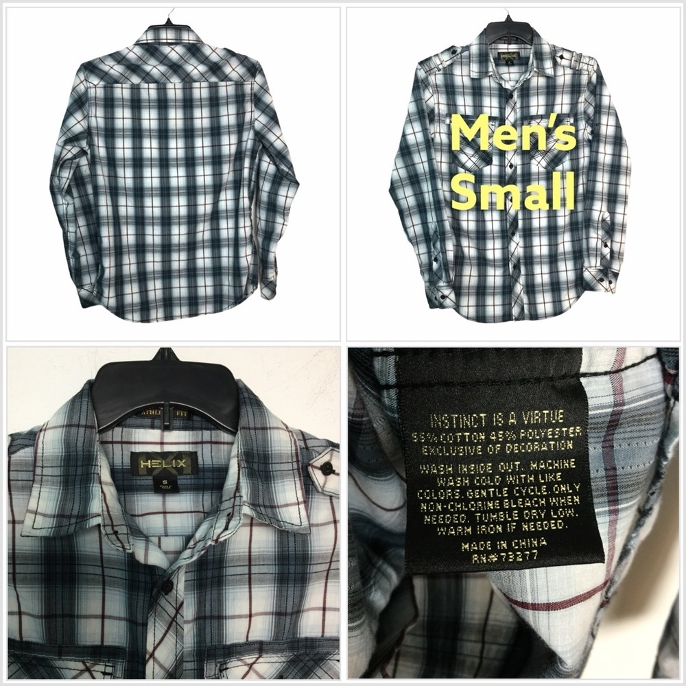 Men’s Helix S Small 34 - 36 Casual Button Front Shirt Plaid Black Gray Western